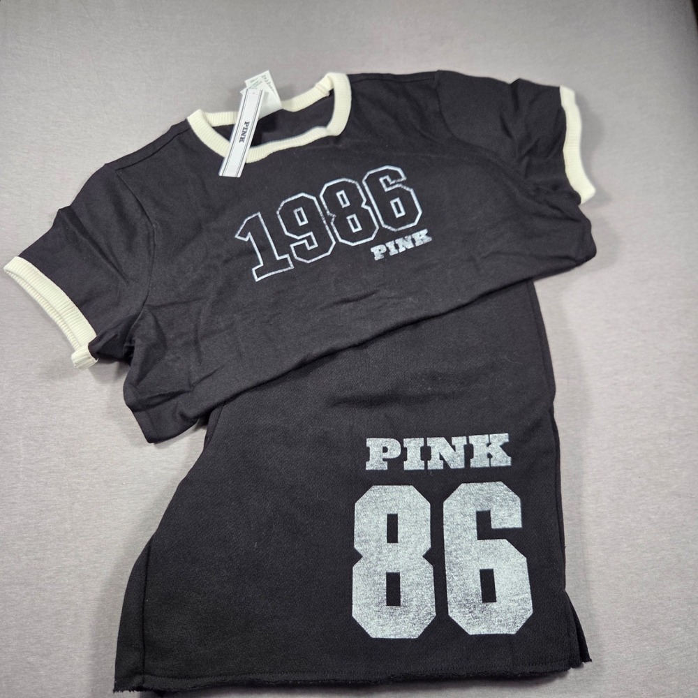 Victoria's Secret PINK 1986 Ringer Tee and Shorts Lounge Set Black Medium NWT